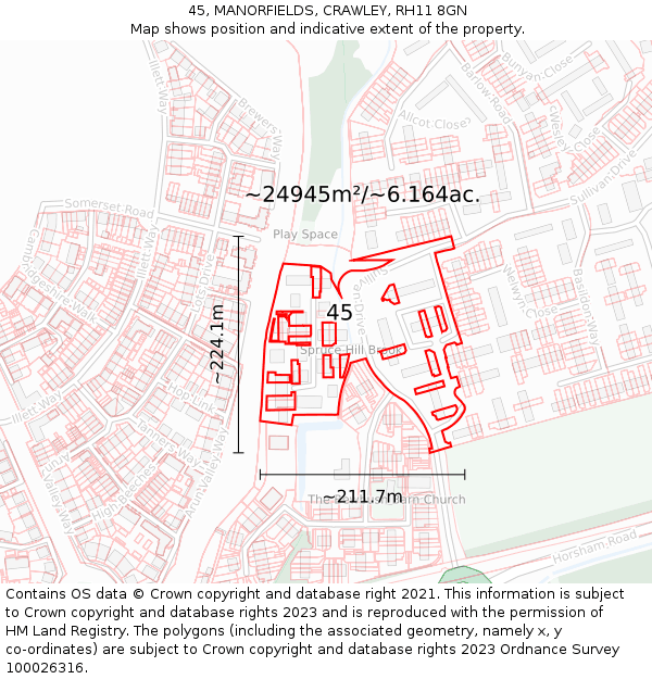 45, MANORFIELDS, CRAWLEY, RH11 8GN: Plot and title map