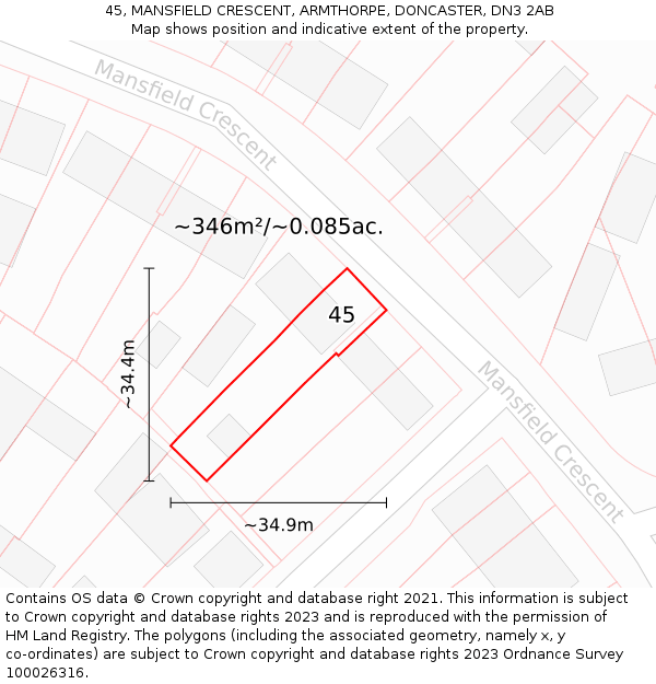 45, MANSFIELD CRESCENT, ARMTHORPE, DONCASTER, DN3 2AB: Plot and title map