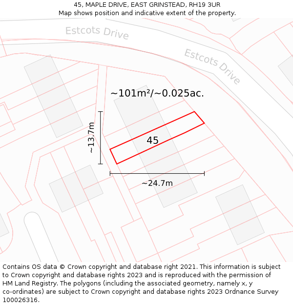 45, MAPLE DRIVE, EAST GRINSTEAD, RH19 3UR: Plot and title map