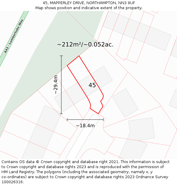 45, MAPPERLEY DRIVE, NORTHAMPTON, NN3 9UF: Plot and title map