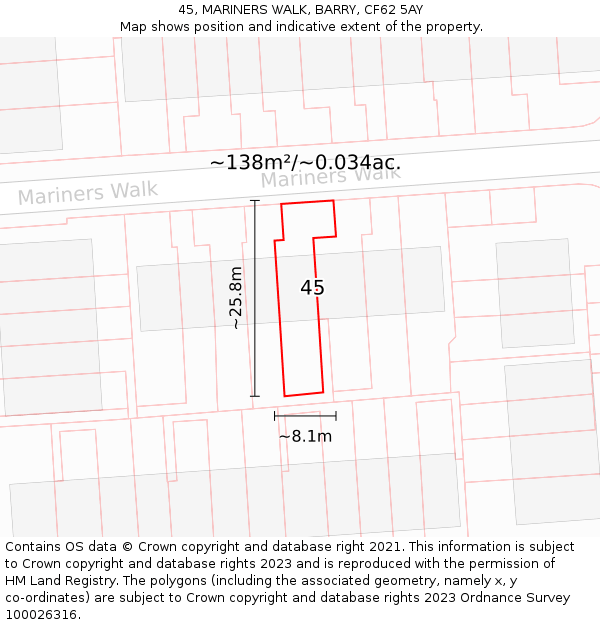 45, MARINERS WALK, BARRY, CF62 5AY: Plot and title map