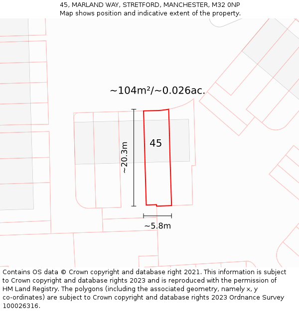 45, MARLAND WAY, STRETFORD, MANCHESTER, M32 0NP: Plot and title map
