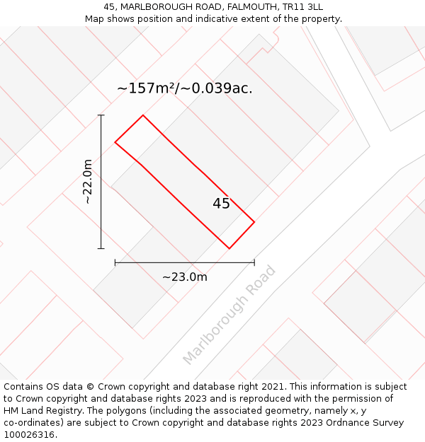 45, MARLBOROUGH ROAD, FALMOUTH, TR11 3LL: Plot and title map