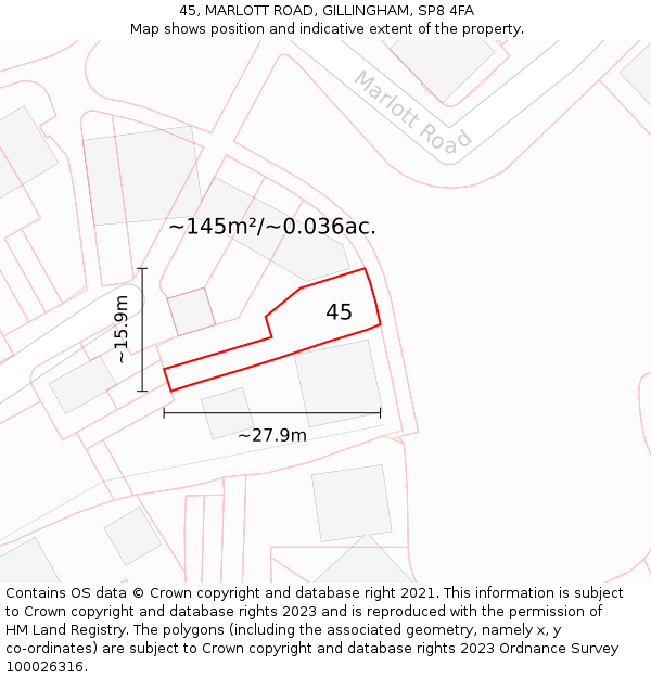 45, MARLOTT ROAD, GILLINGHAM, SP8 4FA: Plot and title map