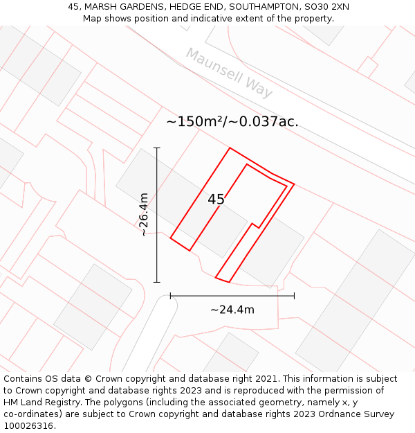 45, MARSH GARDENS, HEDGE END, SOUTHAMPTON, SO30 2XN: Plot and title map
