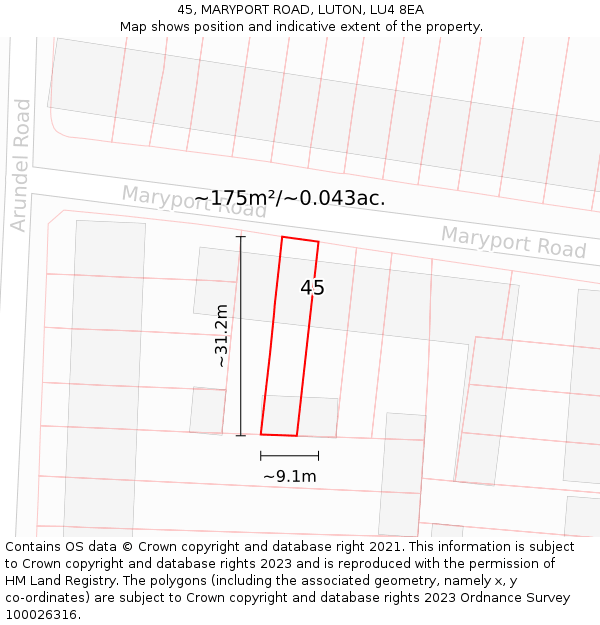 45, MARYPORT ROAD, LUTON, LU4 8EA: Plot and title map