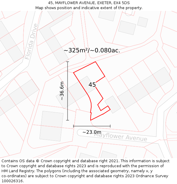 45, MAYFLOWER AVENUE, EXETER, EX4 5DS: Plot and title map
