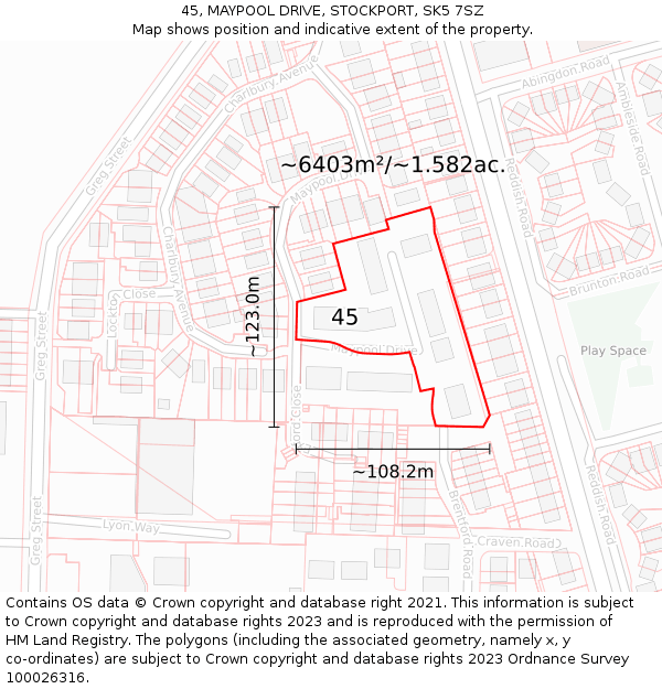 45, MAYPOOL DRIVE, STOCKPORT, SK5 7SZ: Plot and title map