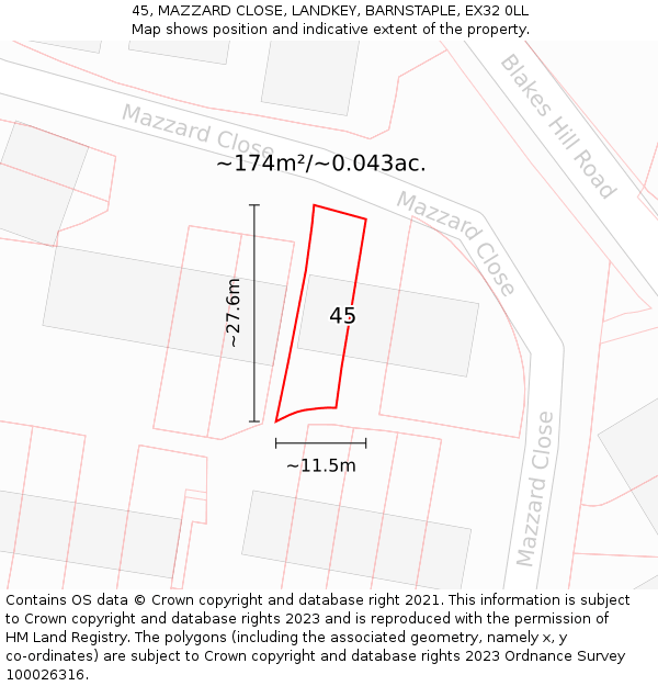 45, MAZZARD CLOSE, LANDKEY, BARNSTAPLE, EX32 0LL: Plot and title map