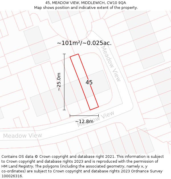 45, MEADOW VIEW, MIDDLEWICH, CW10 9QA: Plot and title map