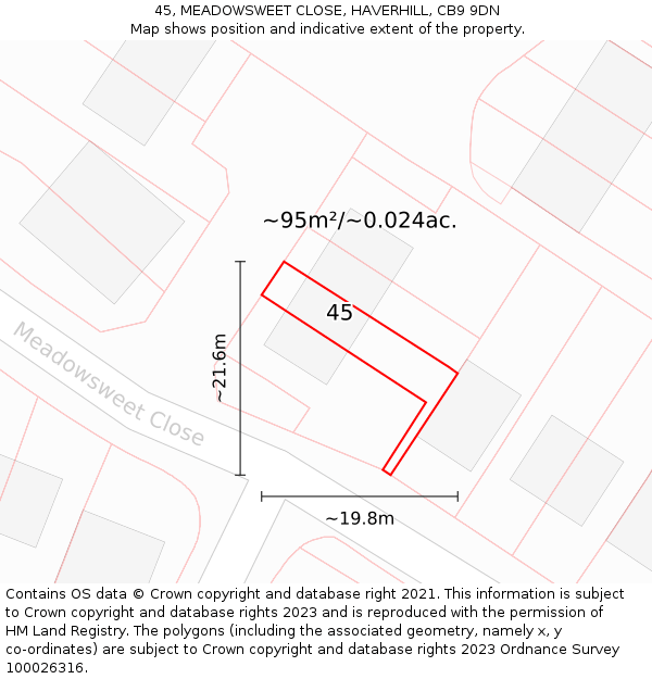 45, MEADOWSWEET CLOSE, HAVERHILL, CB9 9DN: Plot and title map