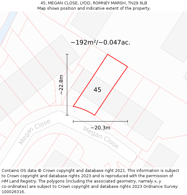 45, MEGAN CLOSE, LYDD, ROMNEY MARSH, TN29 9LB: Plot and title map