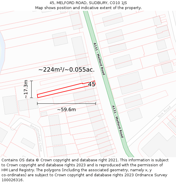 45, MELFORD ROAD, SUDBURY, CO10 1JS: Plot and title map