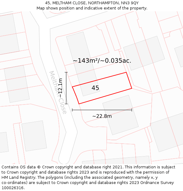 45, MELTHAM CLOSE, NORTHAMPTON, NN3 9QY: Plot and title map