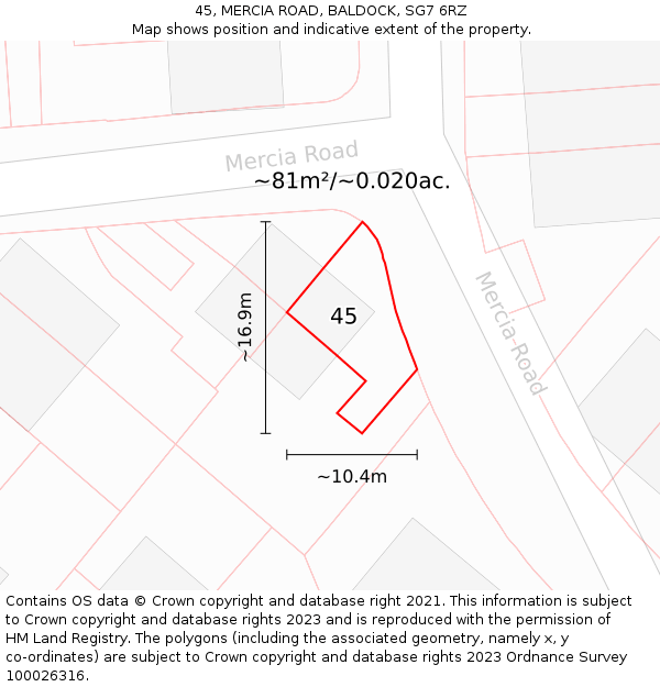 45, MERCIA ROAD, BALDOCK, SG7 6RZ: Plot and title map