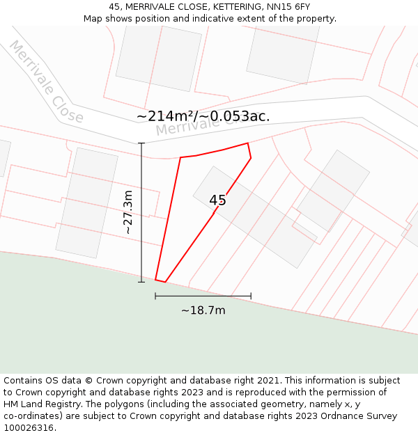45, MERRIVALE CLOSE, KETTERING, NN15 6FY: Plot and title map
