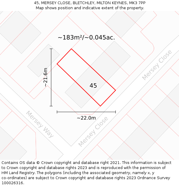 45, MERSEY CLOSE, BLETCHLEY, MILTON KEYNES, MK3 7PP: Plot and title map