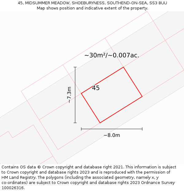 45, MIDSUMMER MEADOW, SHOEBURYNESS, SOUTHEND-ON-SEA, SS3 8UU: Plot and title map
