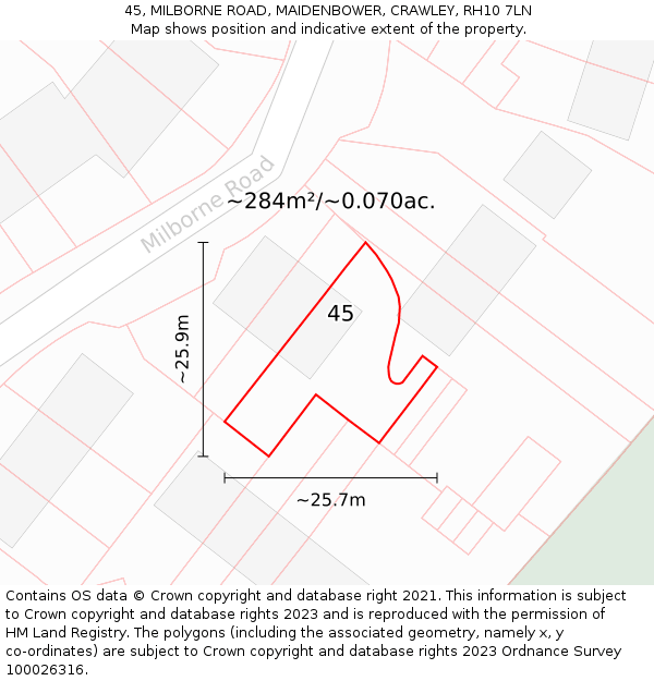 45, MILBORNE ROAD, MAIDENBOWER, CRAWLEY, RH10 7LN: Plot and title map