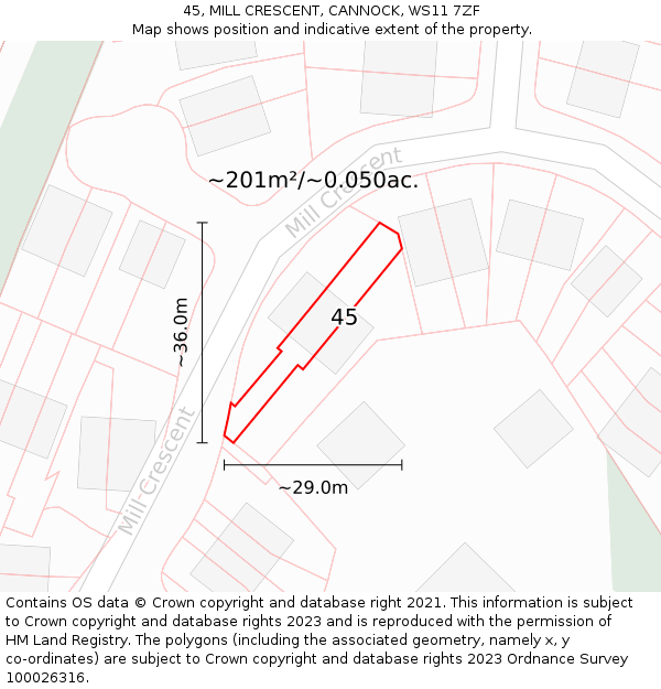 45, MILL CRESCENT, CANNOCK, WS11 7ZF: Plot and title map