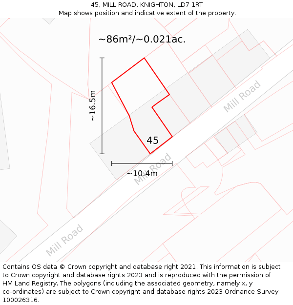 45, MILL ROAD, KNIGHTON, LD7 1RT: Plot and title map