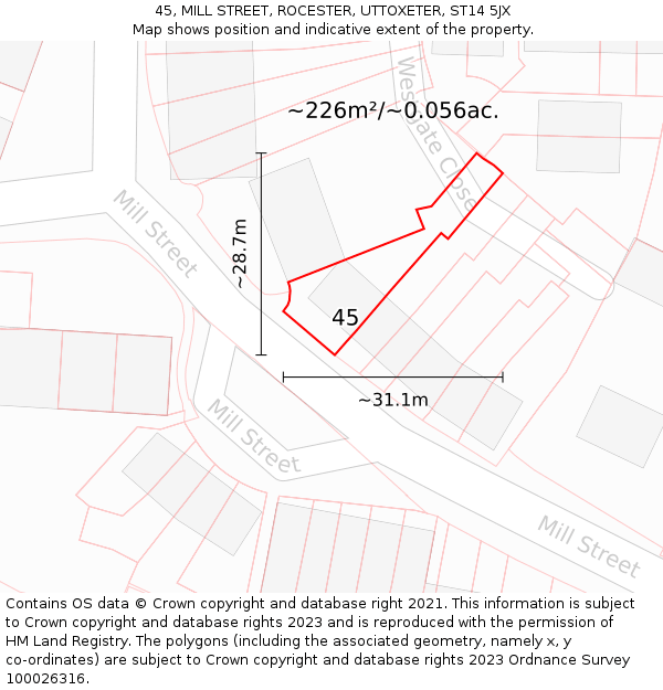 45, MILL STREET, ROCESTER, UTTOXETER, ST14 5JX: Plot and title map