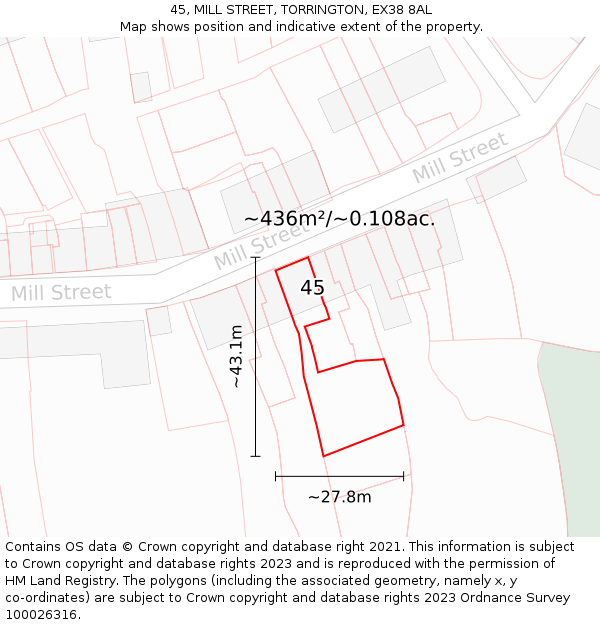 45, MILL STREET, TORRINGTON, EX38 8AL: Plot and title map