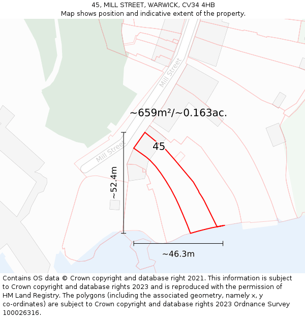 45, MILL STREET, WARWICK, CV34 4HB: Plot and title map