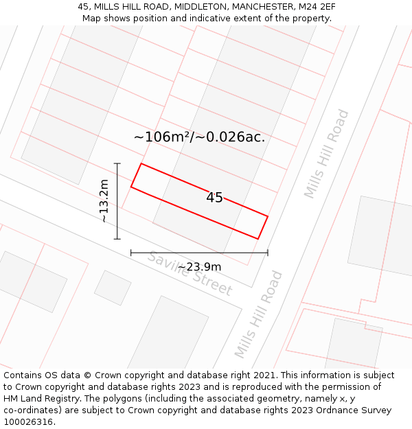 45, MILLS HILL ROAD, MIDDLETON, MANCHESTER, M24 2EF: Plot and title map