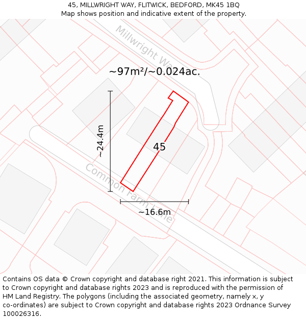 45, MILLWRIGHT WAY, FLITWICK, BEDFORD, MK45 1BQ: Plot and title map
