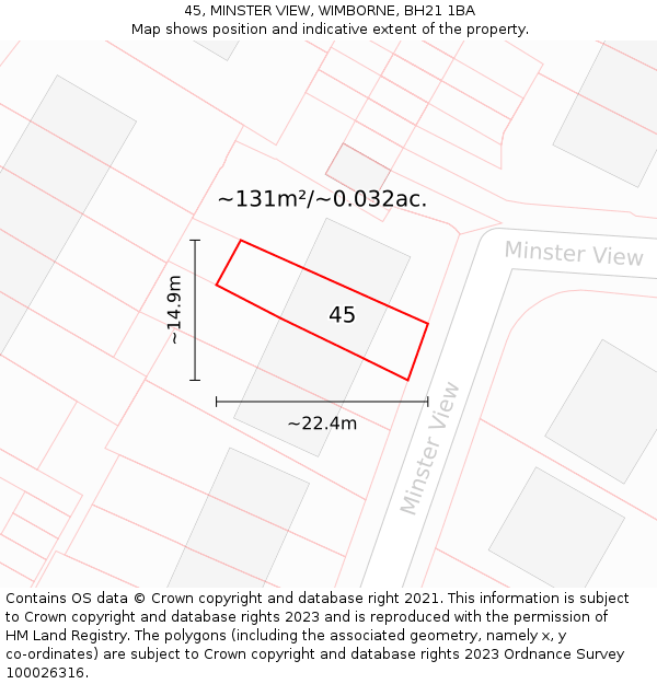 45, MINSTER VIEW, WIMBORNE, BH21 1BA: Plot and title map