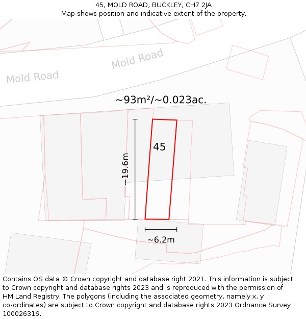 45, MOLD ROAD, BUCKLEY, CH7 2JA: Plot and title map
