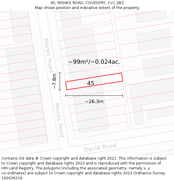 45, MONKS ROAD, COVENTRY, CV1 2BZ: Plot and title map