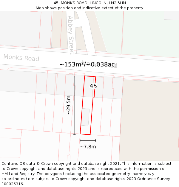 45, MONKS ROAD, LINCOLN, LN2 5HN: Plot and title map