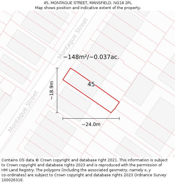 45, MONTAGUE STREET, MANSFIELD, NG18 2PL: Plot and title map