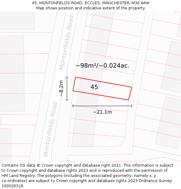 45, MONTONFIELDS ROAD, ECCLES, MANCHESTER, M30 8AW: Plot and title map