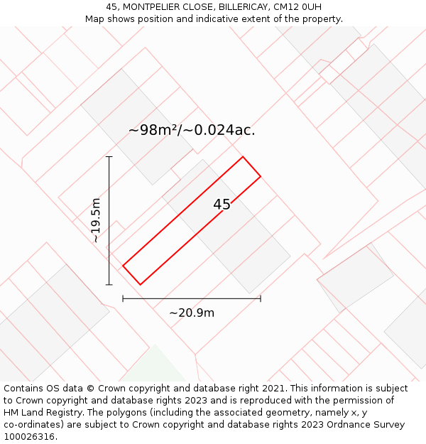 45, MONTPELIER CLOSE, BILLERICAY, CM12 0UH: Plot and title map