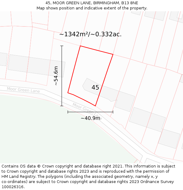 45, MOOR GREEN LANE, BIRMINGHAM, B13 8NE: Plot and title map
