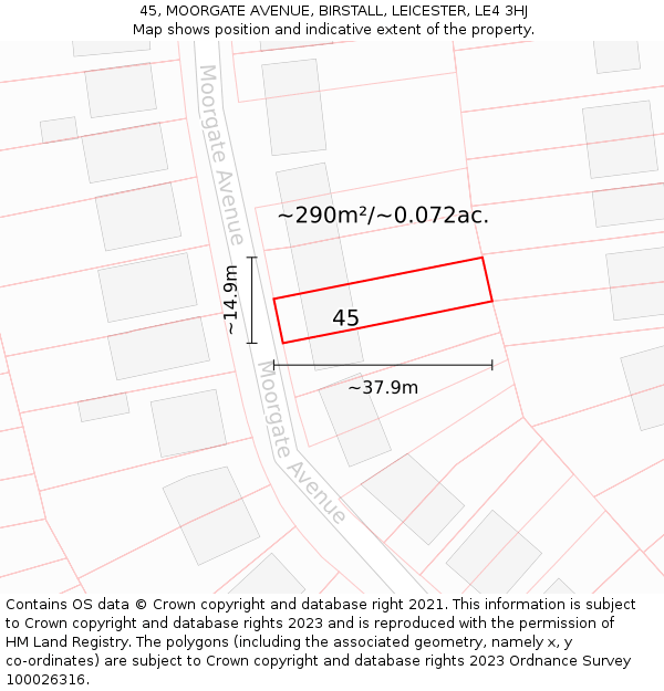 45, MOORGATE AVENUE, BIRSTALL, LEICESTER, LE4 3HJ: Plot and title map