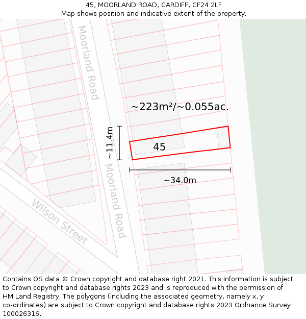 45, MOORLAND ROAD, CARDIFF, CF24 2LF: Plot and title map
