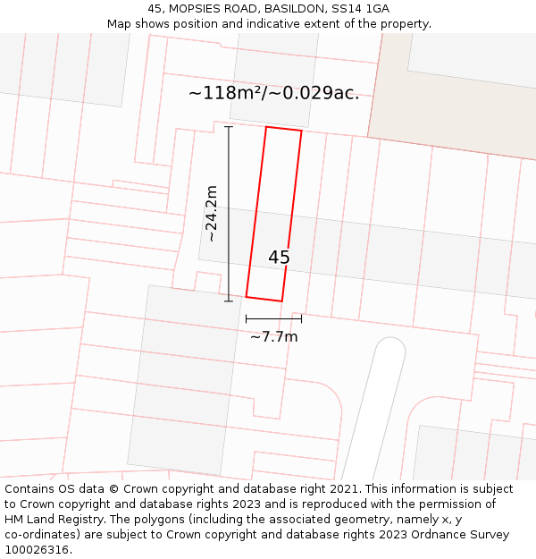 45, MOPSIES ROAD, BASILDON, SS14 1GA: Plot and title map