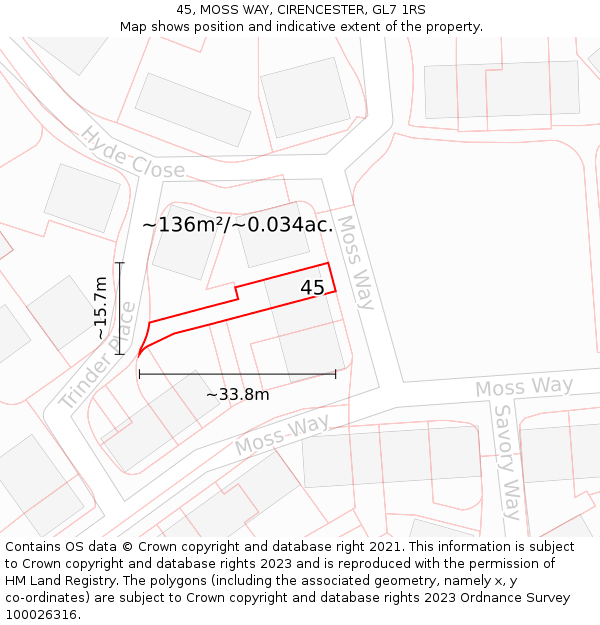 45, MOSS WAY, CIRENCESTER, GL7 1RS: Plot and title map