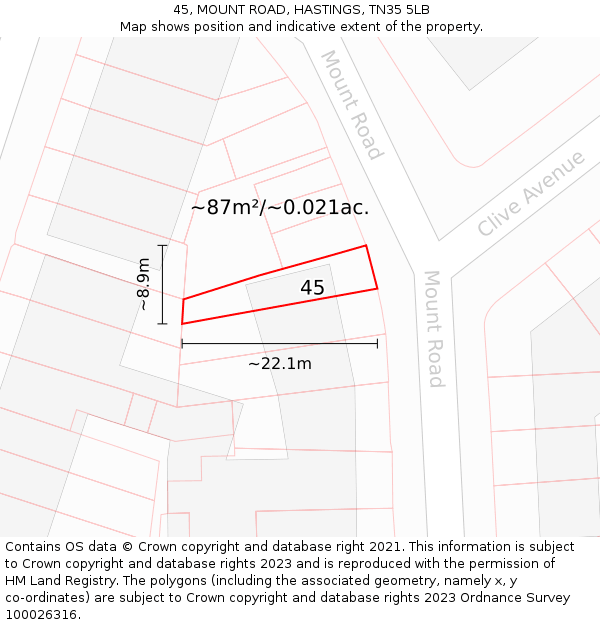 45, MOUNT ROAD, HASTINGS, TN35 5LB: Plot and title map