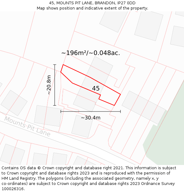 45, MOUNTS PIT LANE, BRANDON, IP27 0DD: Plot and title map