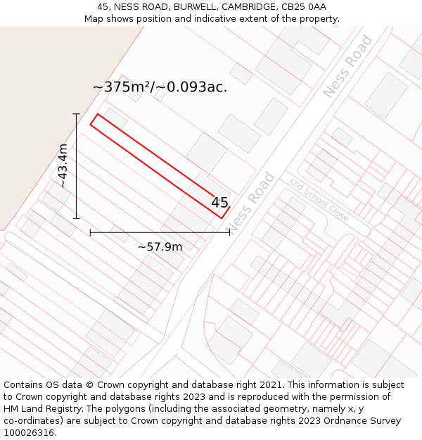 45, NESS ROAD, BURWELL, CAMBRIDGE, CB25 0AA: Plot and title map