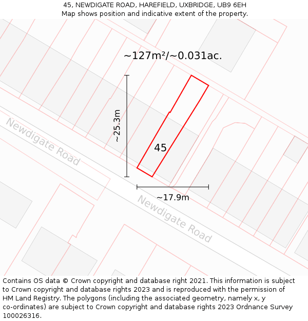45, NEWDIGATE ROAD, HAREFIELD, UXBRIDGE, UB9 6EH: Plot and title map