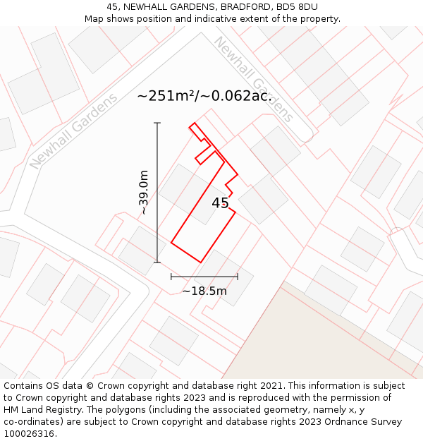 45, NEWHALL GARDENS, BRADFORD, BD5 8DU: Plot and title map