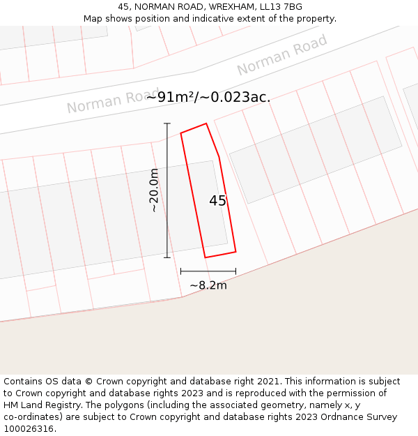 45, NORMAN ROAD, WREXHAM, LL13 7BG: Plot and title map