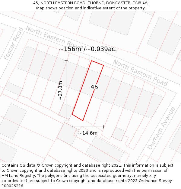 45, NORTH EASTERN ROAD, THORNE, DONCASTER, DN8 4AJ: Plot and title map