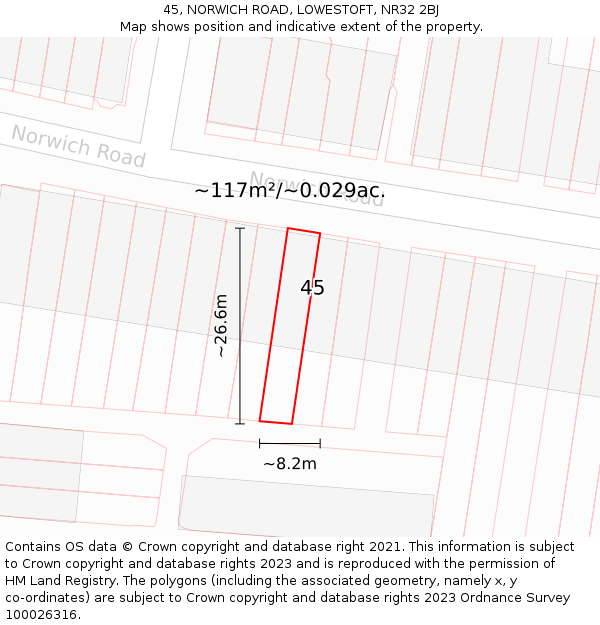 45, NORWICH ROAD, LOWESTOFT, NR32 2BJ: Plot and title map